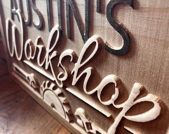 Custom Carved Wood Workshop Sign, Personalized Garage Decor