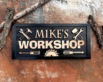 Personalized Wood Workshop Sign, Custom Carved Garage Decor