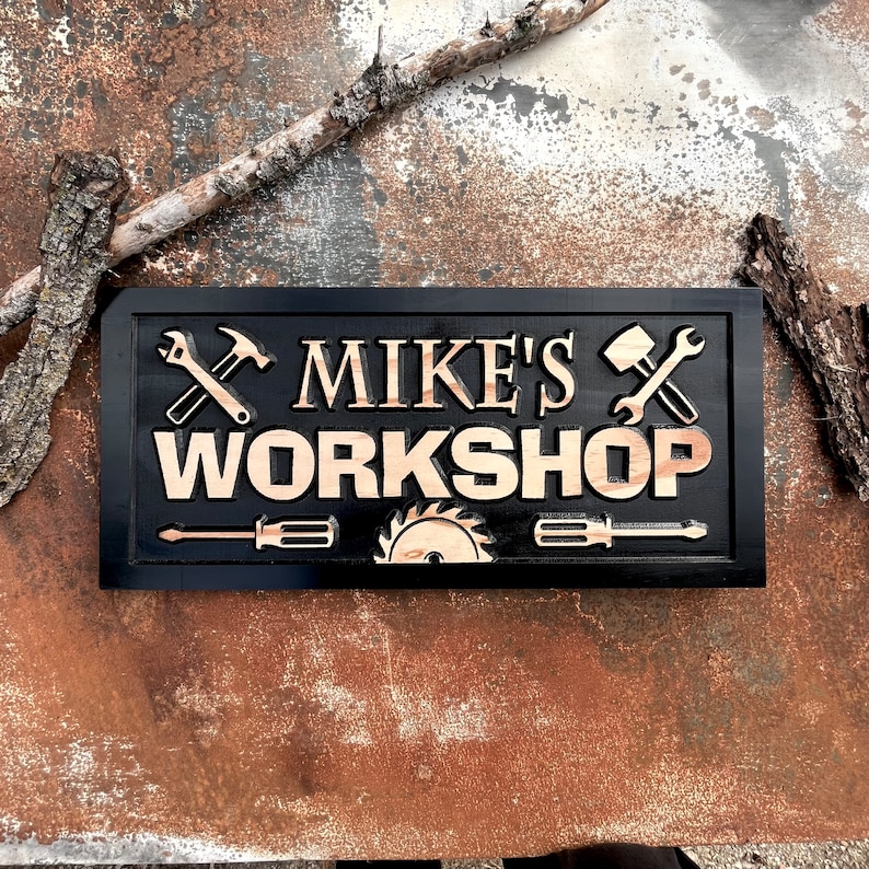 Personalized Workshop sign Father's Day gift for dad Custom Wood shop name signs for Garage Man cave Decor Shop Sign Birthday Gifts for Him image 1