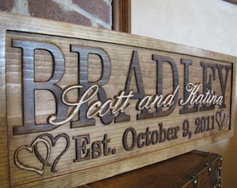 Personalized Family Name Wood Sign - Custom Carved, Established Last Name, Anniversary & Birthday Gift, Wedding Decor