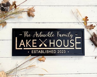 Personalized Carved Wood Lake House Sign, Custom Family Name