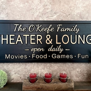 Personalized Theater Lounge Sign, Custom Carved Wood Movie Room Decor