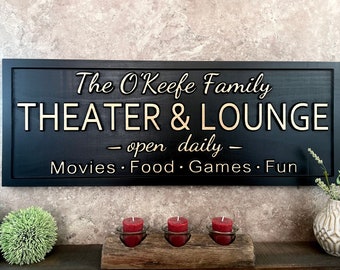 Personalized Theater Lounge Sign, Custom Carved Wood Movie Room Decor