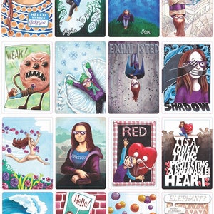 May include: A set of 32 oracle cards featuring illustrations of a geeky girl in various situations. The cards are designed with a whimsical and colorful style, with each card depicting a different aspect of life. The cards are perfect for self-reflection, guidance, and inspiration.