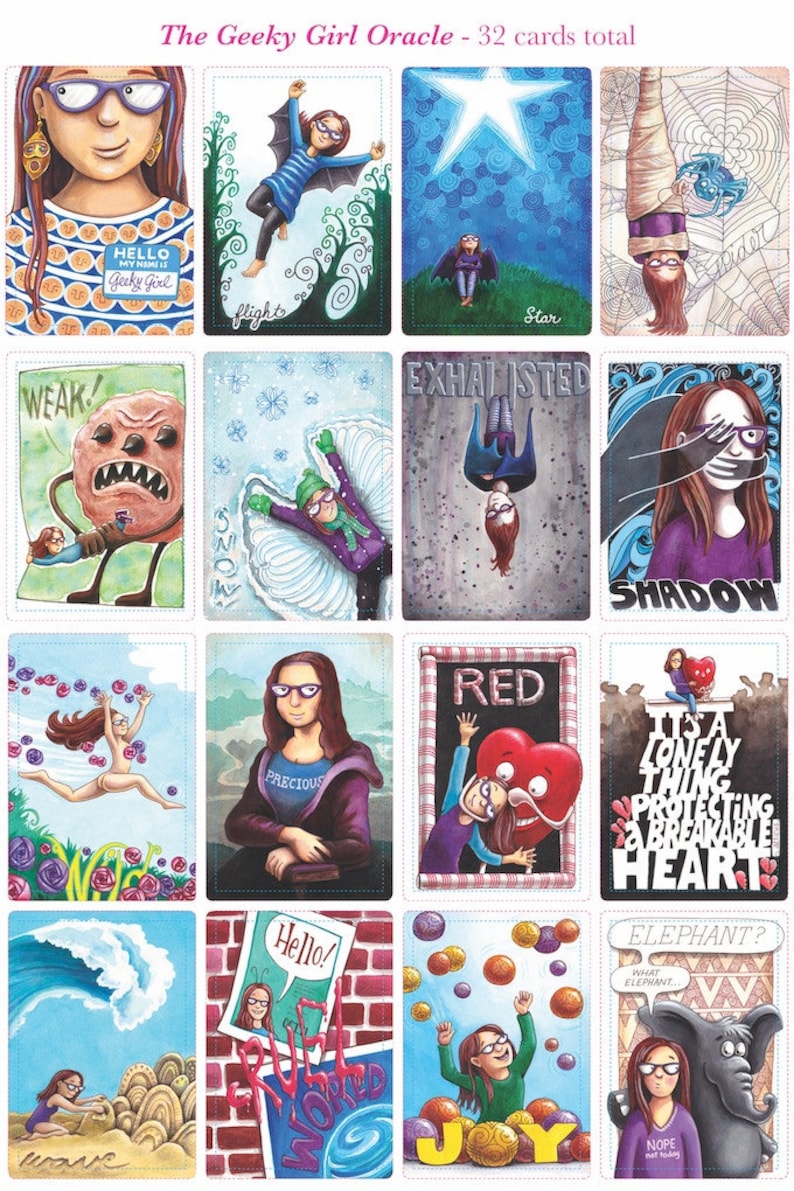 May include: A set of 32 oracle cards featuring illustrations of a geeky girl in various situations. The cards are designed with a whimsical and colorful style, with each card depicting a different aspect of life. The cards are perfect for self-reflection, guidance, and inspiration.