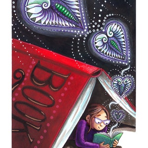 May include: A girl wearing glasses sits under a red book with the word "BOOK" on the cover. She is reading a green book. Above her, there are three purple and white hearts with green and silver details.