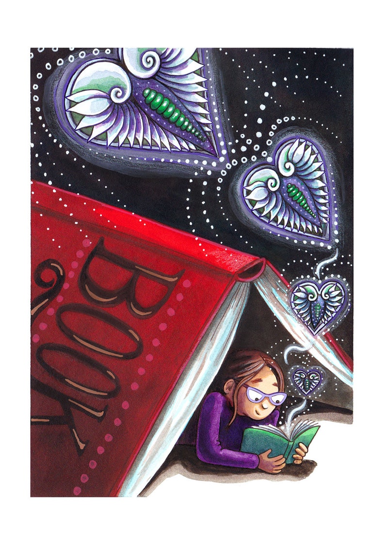 May include: A girl wearing glasses sits under a red book with the word "BOOK" on the cover. She is reading a green book. Above her, there are three purple and white hearts with green and silver details.