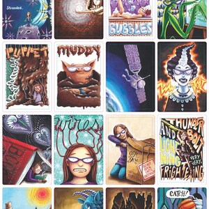 May include: A set of 12 illustrated cards featuring a variety of whimsical characters and scenes. The cards are printed on thick cardstock and have a glossy finish. The cards include a praying mantis, a pig in mud, a girl with wires coming out of her head, a dragon, and more.