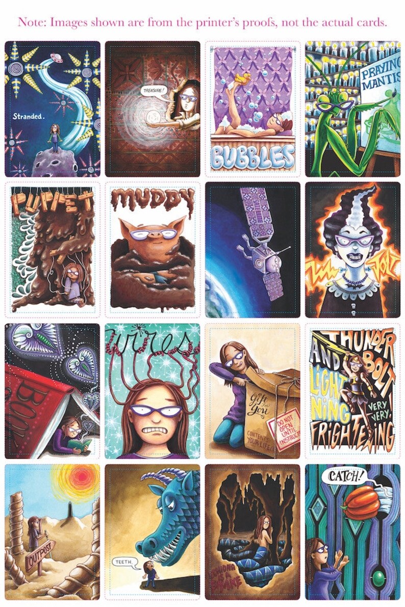 May include: A set of 12 illustrated cards featuring a variety of whimsical characters and scenes. The cards are printed on thick cardstock and have a glossy finish. The cards include a praying mantis, a pig in mud, a girl with wires coming out of her head, a dragon, and more.
