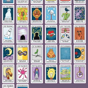 May include: A colorful illustration of 31 tarot cards with whimsical imagery and text descriptions. The cards are arranged in a grid on a purple background. The title "The Faux Tarot ~ 31 cards ~" is at the bottom of the image.