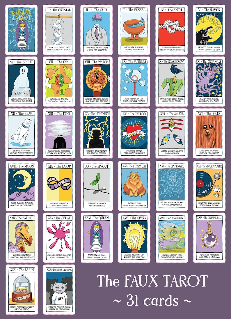 May include: A colorful illustration of 31 tarot cards with whimsical imagery and text descriptions. The cards are arranged in a grid on a purple background. The title "The Faux Tarot ~ 31 cards ~" is at the bottom of the image.