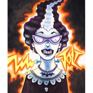 May include: A watercolor illustration of a woman with green hair, wearing purple glasses and a black dress with a bat tattoo. She has bolts in her neck and a necklace with purple beads. The background is orange and yellow with a lightning bolt and the word "ZOT!" in yellow.