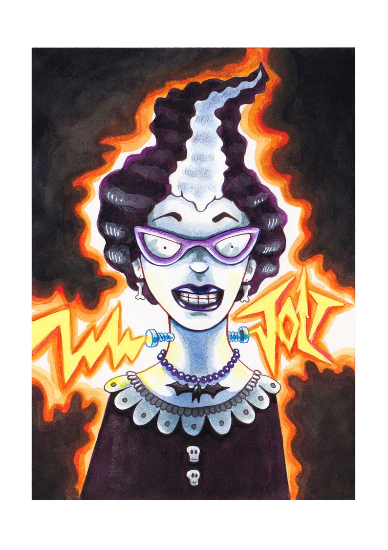 May include: A watercolor illustration of a woman with green hair, wearing purple glasses and a black dress with a bat tattoo. She has bolts in her neck and a necklace with purple beads. The background is orange and yellow with a lightning bolt and the word "ZOT!" in yellow.