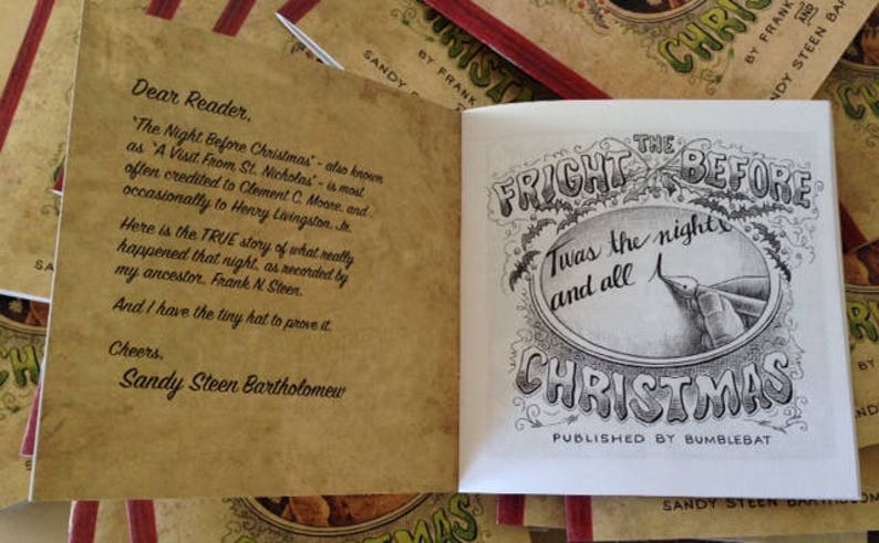 May include: A vintage book with a white cover and black text. The title is "The Fright Before Christmas" with the text "Twas the night and all" underneath. The book is published by Bumblebat.