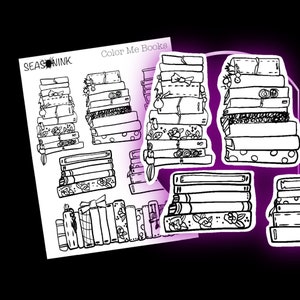 May include: A sheet of stickers featuring stacks of books with decorative elements like bows, floral patterns, and ribbons. The text "Color Me Books" and "SEASONINK" are visible. The stickers are outlined in black and white, ready for coloring.