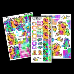 May include: Three sheets of planner stickers with a vibrant unicorn zombie design. The stickers include full boxes, functional stickers, and decorative elements. The text "SEASONINK unicorn Zombie" is visible. The colour scheme features neon green, yellow, pink, and blue.