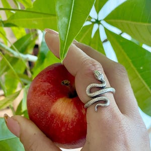 May include: A silver snake ring wrapped around a finger. The ring has a detailed snake head and body. A red apple and green leaves are in the background.