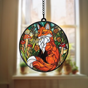Fox Acrylic Suncatcher Faux Stained Glass Window Hanging with Mushrooms and Flowers Gift for Woodland Animal and Forest Nature Lovers
