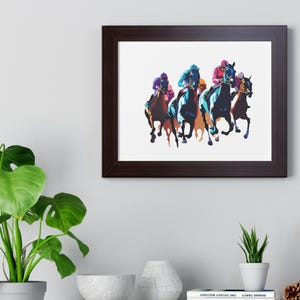 馬と騎手のウォールアート、乗馬ホームデコレーション、競走馬のプリント、スポーツポスター、ダービーギフト、動物アート、レーステーマの装飾