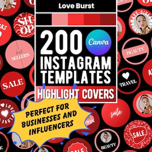 200 Red Instagram Highlight Cover Templates, Editable in Canva, Love Burst Theme, Modern IG Story Covers Red Icons