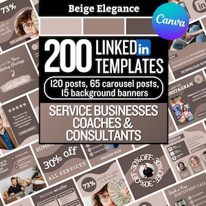 Op de afbeelding: Een promotionele afbeelding in beige en bruine tinten, met de tekst "200 LinkedIn Templates" voor "Service Businesses, Coaches & Consultants". De afbeelding bevat social media marketing graphics en tekst.