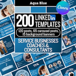 May include: A digital marketing template set for LinkedIn, featuring 200 templates in aqua blue. Includes 120 posts, 65 carousel posts, and 15 background banners. Designed for service businesses, coaches, and consultants.