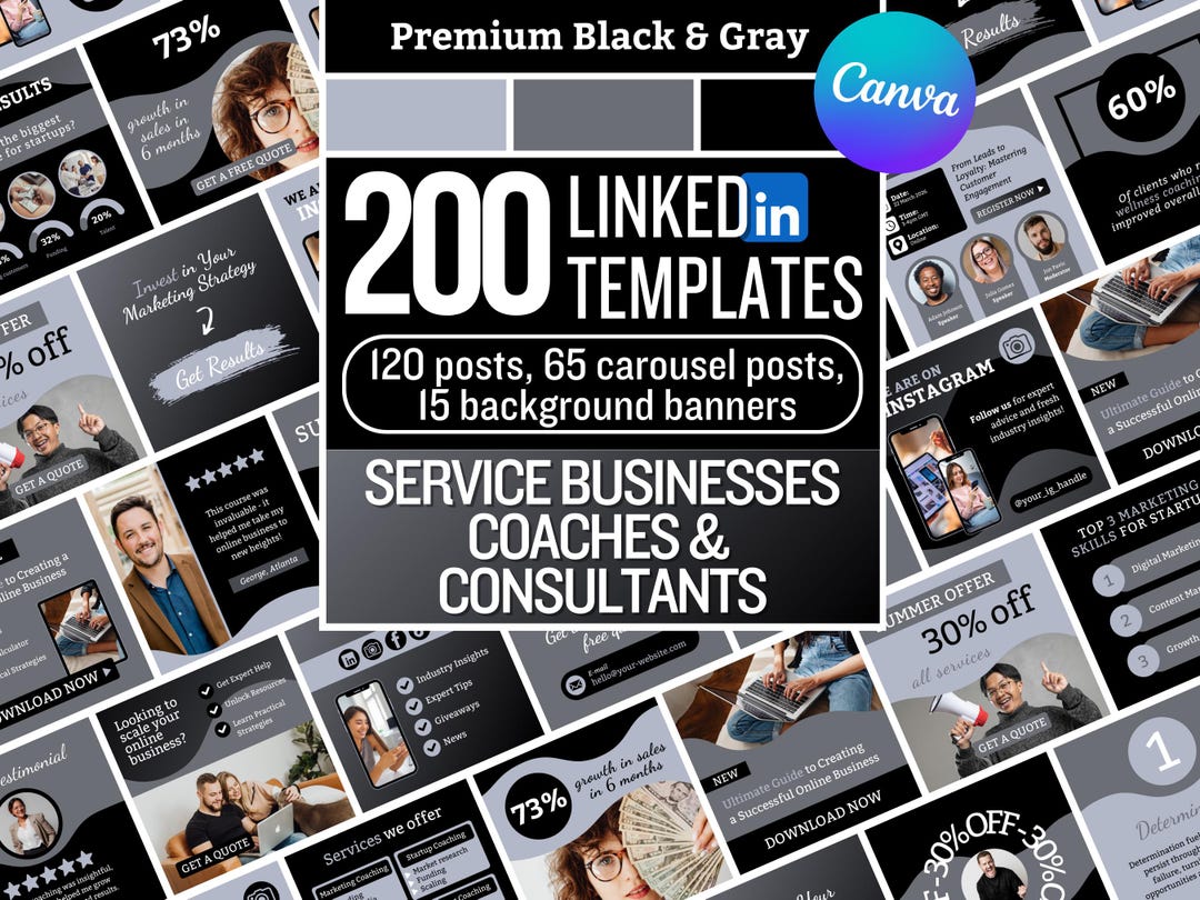 Black and Gray Linkedin Canva Templates, Editable Posts Bundle - Etsy