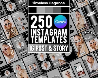 250 Instagram Post and Story Templates Black & White - Instagram Bundle, Edit in Canva