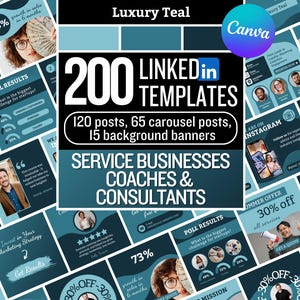 May include: A teal and white graphic design featuring 200 LinkedIn templates for service businesses, coaches, and consultants. The design includes various social media post layouts, with text such as "Summer Offer 30% off all services."
