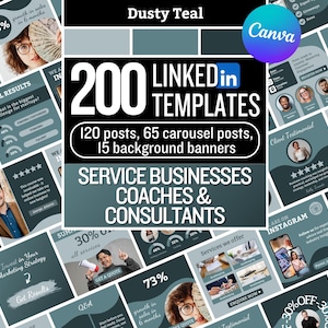 May include: A teal and white graphic advertising 200 LinkedIn templates for service businesses, coaches, and consultants. The design includes examples of social media posts, with text such as "120 posts, 65 carousel posts, 15 background banners."