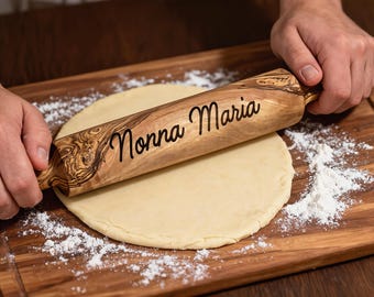 Rodillo de madera de olivo – Grabado personalizado – Regalo de repostería con nombre personalizado