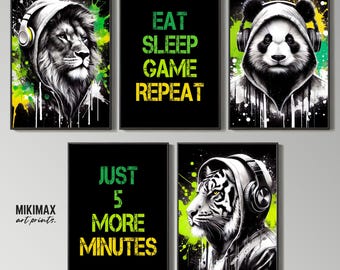 Ensemble d'affiches de jeux vidéo : Animaux avec casque audio, décoration pour chambre de gamer (téléchargement numérique)