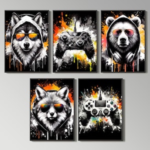 Gaming Prints Set of 5, Gaming Posters, Gaming Wall Art, Son Brother Gift, Boys Bedroom Pictures, Games Room Decor, Gaming Animals Pictures
