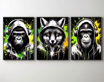 Animals With Headphones Gaming Prints: Graffiti Gamer Teen Room Decor (Digital Download)