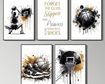 May include: Set of four black and white watercolour prints with gold accents. The prints feature basketballs, basketball shoes, and a basketball hoop. The text on one print reads "Forget the glass slippers this princess wears basketball shoes".