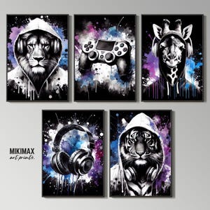 Gaming Prints Set: Black Animal Gamer Art, Controller, Headphones, Gamer Room Decor (Digital Download)