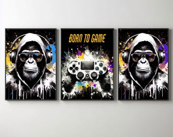 Ensemble d'impressions gaming : poster de joueur de chambre pour garçon - Singe avec lunettes de soleil et écouteurs