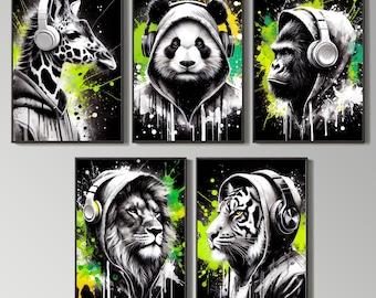 Ensemble d'affiches de jeux vidéo : Animaux avec casque audio, aquarelle néon (téléchargement numérique)