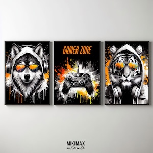 Gamer Zone Prints: Animals with Sunglasses & Controller, Gamer Room Decor (Digital Download)