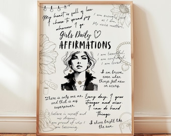 Positiva affirmationer för flickor dagligen: Motiverande väggkonst för tonåringar, inspirerande studentrumsdekor, present till dotter (digital nedladdning)