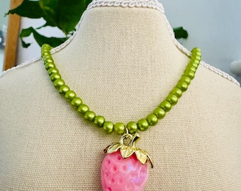 Green Bead Strawberry Necklace: Cottagecore Kawaii Fruit Charm