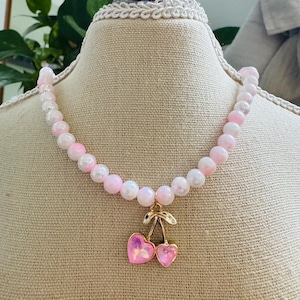 Pink Pearl Beaded Necklace with Heart Cherry Charm - Cute Handmade Kawaii Necklace for Soft Girl & Coquette Style