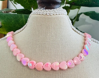 Iridescent Pink Heart Beaded Necklace – Handmade Kawaii Y2K Coquette Jewellery