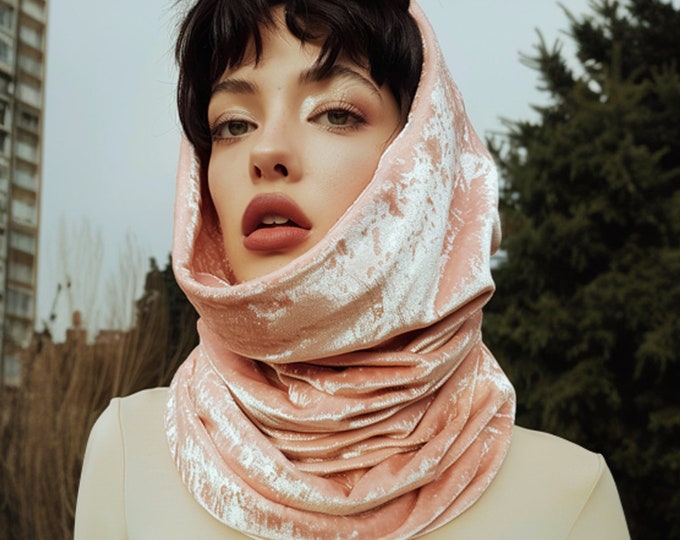 Hollywood velvet snood hood infinity scarf Mink pink