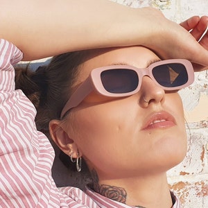 Rose 90's Y2K retro matte blush pink rectangular sunglasses with brown tinted lenses image 1