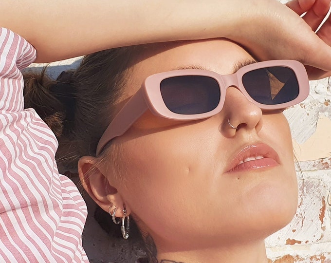 Rose 90's Y2K retro matte blush pink rectangular sunglasses with brown tinted lenses