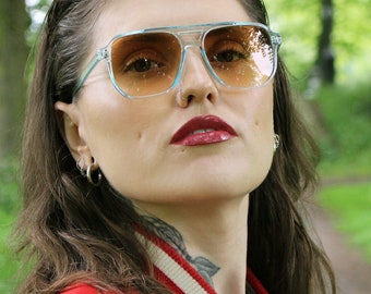 REDUCED 10% OFF 80s retro sunglasses double bridge aviator glasses with tea tinted lenses transparent blue frames - BILLY