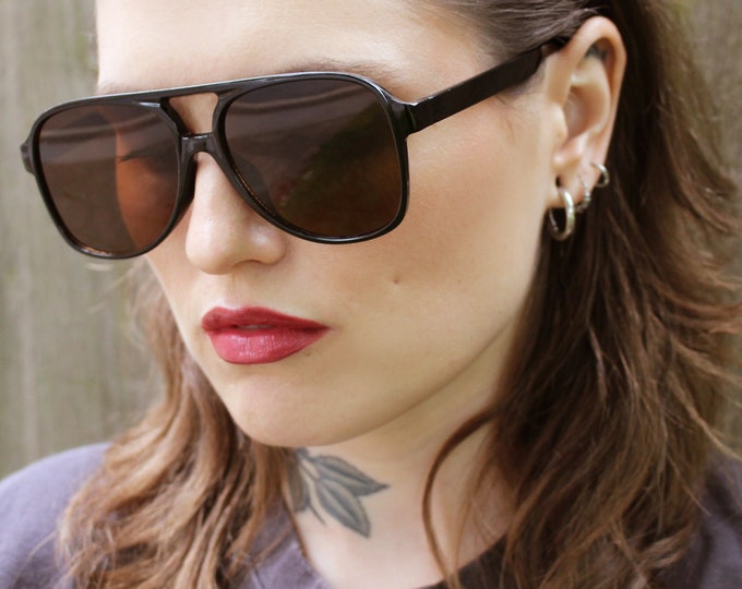 80s sunglasses retro aviators with brown tea tinted lenses & black frames - TONY