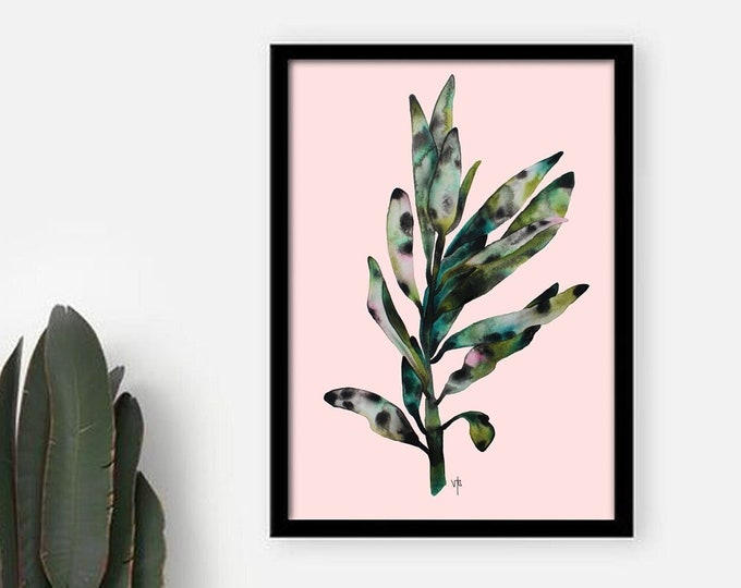 Olive Branch - Freehand watercolour leaves painting size A3 art print - pink green black illustration - gift idea