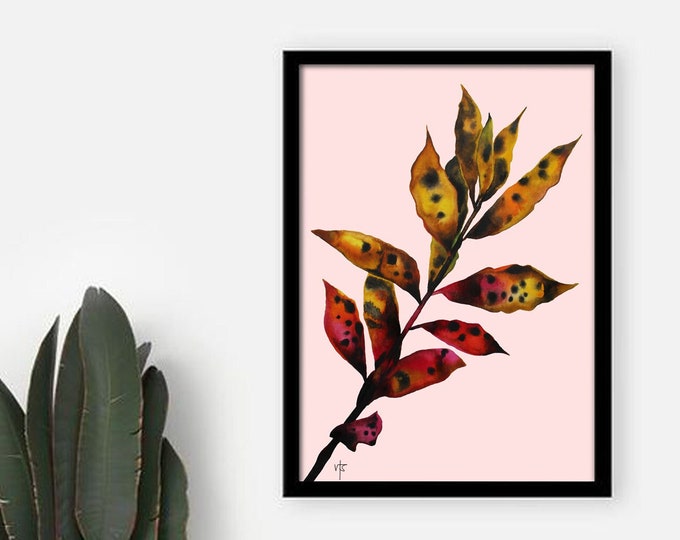 Laurel - Freehand watercolour leaves painting size A3 art print - red yellow pink black illustration - gift idea